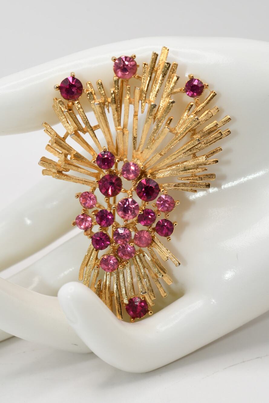 Vintage Lisner Pink Rhinestone Gold Tone Spray Brooch 2.75 Inch Signed